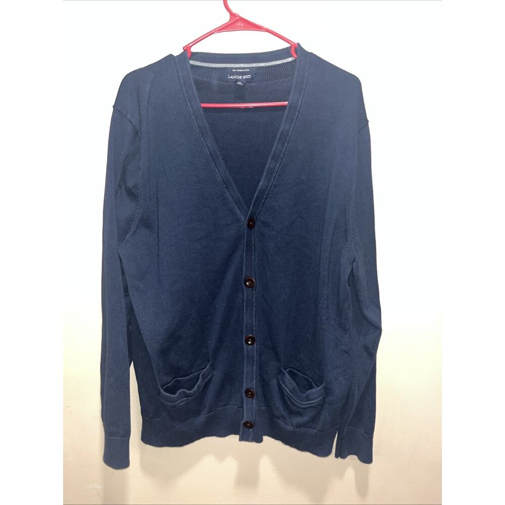 Lands End Men's Supina Cotton V Neck Cardigan Sweater Navy XL Preppy Casual Warm